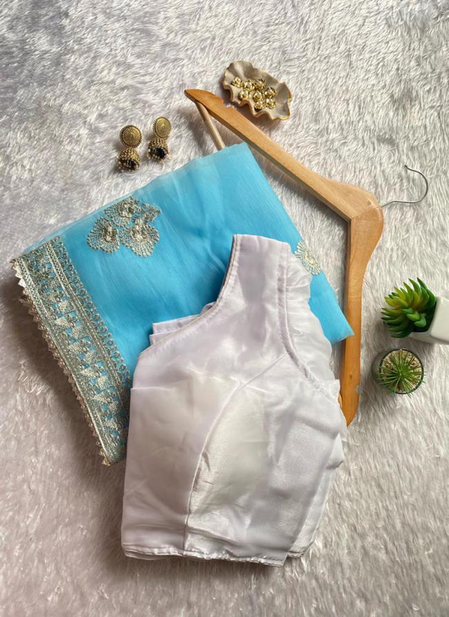 Muslin Organza Sky Blue Traditional Wear Thread Work Saree